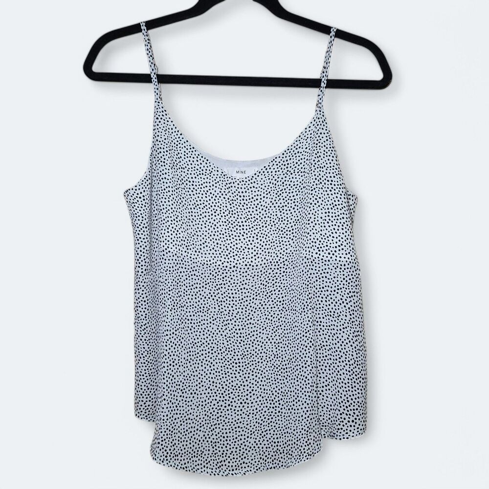 MINE Polka Dot Cami Tank Top Womens Medium White Black Spaghetti Strap NWOT